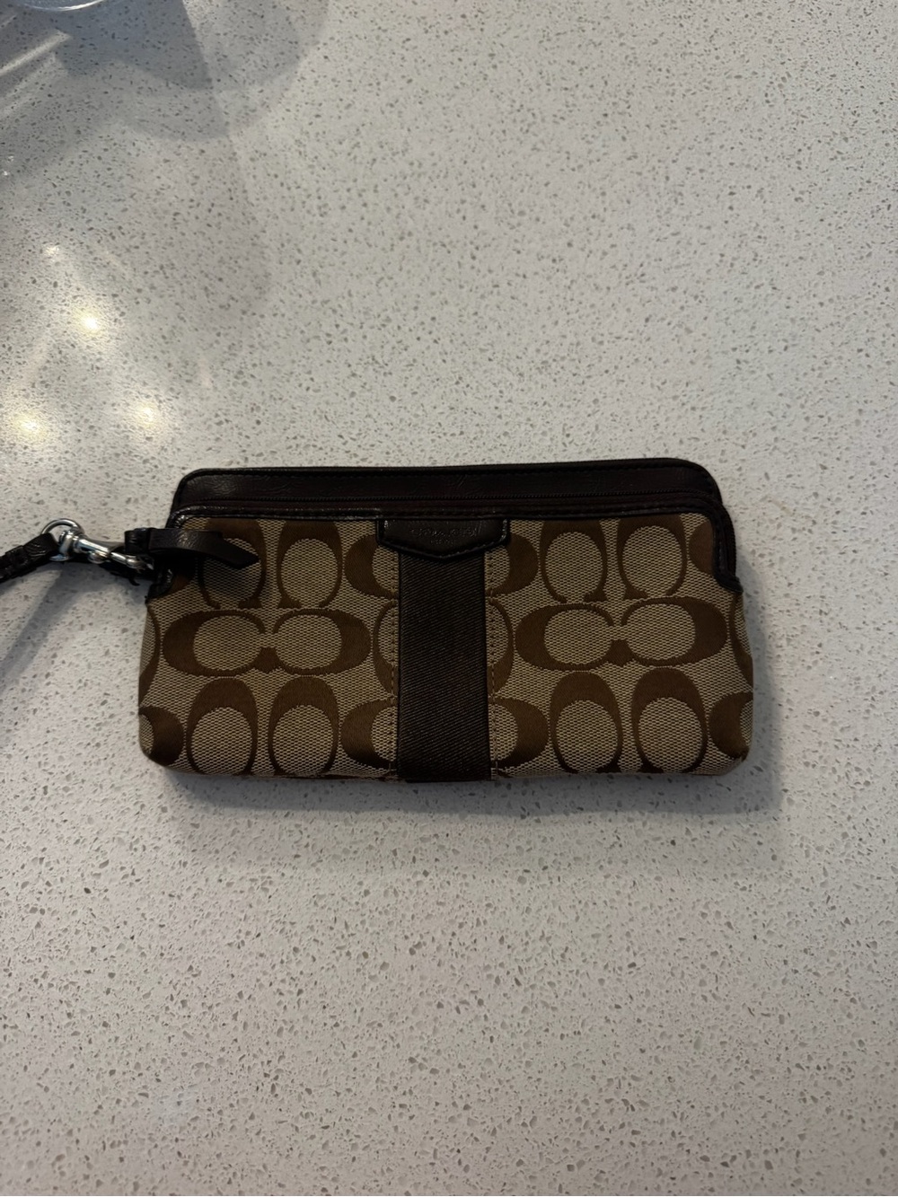 Coach Signature Logo Zip Wristlet Wallet w/ Strap, Brown Beige, Card Slots